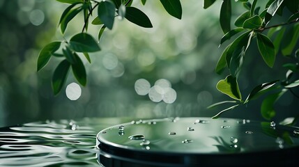 Wall Mural - Empty round podium pedestal green leaves against the background of water with drops and ripples : Generative AI