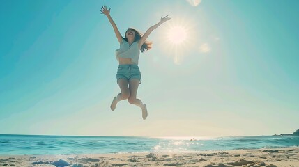 Wall Mural - Happy young woman jumping on the beach Summer vacation and freedom concept : Generative AI