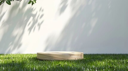 Poster - wood podium on green grass with isolated white space in backgroundpromotion beauty cosmetic and healthy natural product placement pedestal platform showcase displayspring or summer adv : Generative AI