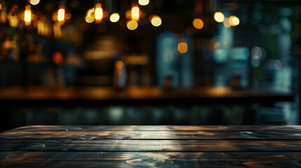 Aufkleber - Empty dark wooden table in front of restaurant abstract blurred bokeh background can be used to demonstrate or mount your products Layout for space : Generative AI