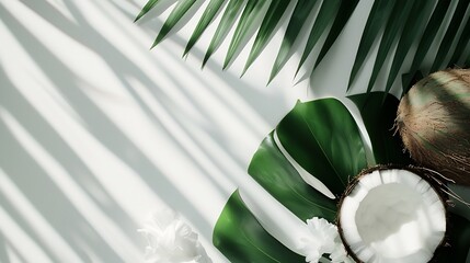 Poster - Fresh coconut and palm leaf creative layout isolated on white background Food healthy eating and dieting concept Design element Flat lay top view : Generative AI
