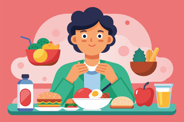 Wall Mural - A woman seated at a table, eating a variety of foods displayed on a plate, Eating a variety of foods Customizable Flat Illustration