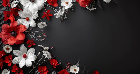 Wall Mural - Wallpaper of  red and white flowers on a dark background with copy space for text 
