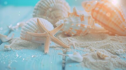 Wall Mural - Summer time concept with sea shells and starfish on a blue wooden background and sand : Generative AI