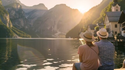 A couple of men and women on vacation in Hallstatt Salzkammergut Austria Hallstatt village on Hallstatt lake in the Austrian Alps Austria Europe at sunset in summer : Generative AI