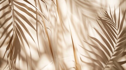 Aufkleber - Minimalist aesthetic natural summer background with blurry sunlight shadow of tropical palm leaves on a neutral beige curtain copy space : Generative AI