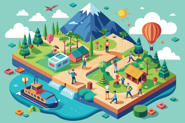 Wall Mural - Small island with people and boat in the water, part of an ecotourism scene, Ecotourism Customizable Isometric Illustration