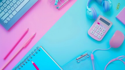 Poster - Office table desk with copy space calculator pencil paper ball earphone keyboard and office accessories on colorful background business and office supplies flat lay concept : Generative AI