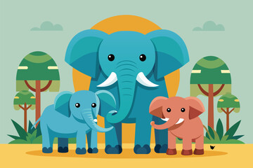 Sticker - A group of elephants standing closely next to each other, Elephant family Customizable Flat Illustration