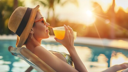 Wall Mural - Summer vacation happy relaxing young woman lying on deckchair drinking fresh juice on pool background : Generative AI