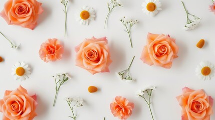 Poster - Pattern made of orange rose flowers pink gypsophila flowers and daisy flowers on white background Flat lay top view : Generative AI