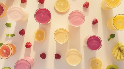 Poster - Creative layout made of smoothies and fruits around Flat lay Food concept Smoothies on the white background : Generative AI