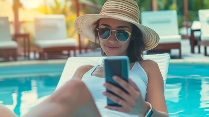 Aufkleber - Young woman traveler relaxing and using a mobile phone by a hotel pool while traveling for summer vacation : Generative AI