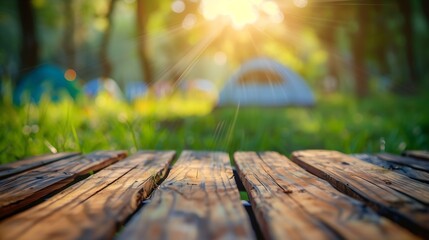 Wooden table top on blur tent camping travel tent and grass fieldFresh and Relax conceptFor montage product display or design key visual layoutView of copy space : Generative AI