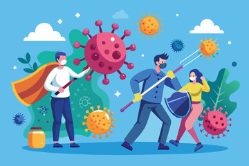 A group of individuals wearing masks and holding a shield in defense against the coronavirus, Fighting against coronavirus Customizable Semi Flat Illustration