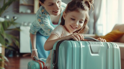 Go on an adventure Happy family preparing for the journey Mom and daughter are packing suitcases for the trip : Generative AI