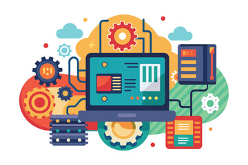 Aufkleber - A laptop surrounded by intricate gears, symbolizing the integration of technology and mechanical processes, Firmware Customizable Flat Illustration