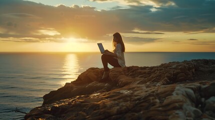 Poster - Young business woman working at the computer in cafe on the rock Young girl downshifter working at a laptop at sunset or sunrise on the top of the mountain to the sea working day : Generative AI