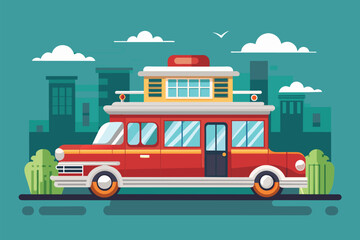 Wall Mural - A red bus is parked in front of a tall building, creating a city scene, First class Customizable Semi Flat Illustration