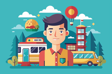 Wall Mural - A man is standing in front of a bus and a building, First class Customizable Semi Flat Illustration