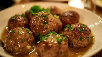 Wall Mural - Close-up of succulent meatballs garnished with fresh parsley and smothered in a delectable gravy in a pristine white dish