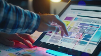 Fototapete - Tablet office research and happy man typing UX web design app wireframe development or monitor online software SEO algorithm web traffic statistics and person work on webdesign for web : Generative AI