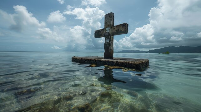 The Sunken Cemetery in Camiguin Philippines marked by a large cross standing in the sea a memorial for those buried there after a volcanic eruption in