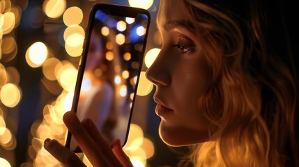 Poster - Isolated mobile phone with sample photo of beautiful female model shown on screen : Generative AI