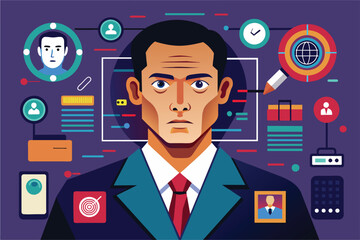 Poster - a man in a suit and tie standing among various icons in a customizable, disproportionate illustratio
