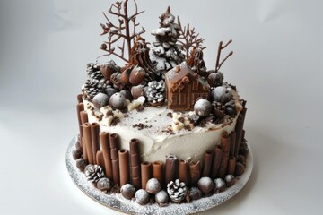 Wall Mural - Intricately decorated cake with a winter theme featuring chocolate trees, a cabin, and dusted with powdered sugar