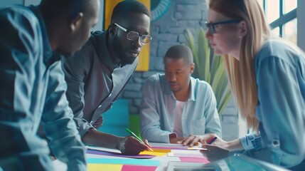 Leinwandbilder - diverse team of professionals engaged in a website graphic design board meeting sharing opinions on UX and UI design elements Asian man African American people black afro caucasian fem : Generative AI
