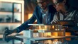 © Generative AI - Real estate agent with client or architect team discussing a housing model and its blueprints digitally using a tablet computer : Generative AI