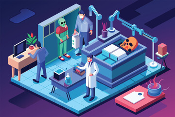 Wall Mural - Multiple individuals standing around in a room, engaged in conversation or activities, Forensic medicine Customizable Isometric Illustration