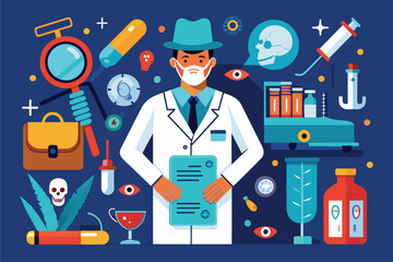 Poster - a man in a lab coat holds a clipboard with a focused expression, forensic medicine customizable flat