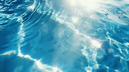 Poster - Blue water surface with bright sun light reflections water in swimming pool background closeup : Generative AI