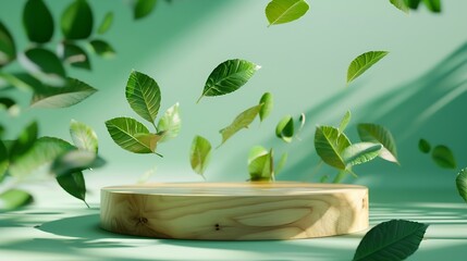 Aufkleber - Wood product display podium with nature green leaves for presentation design : Generative AI