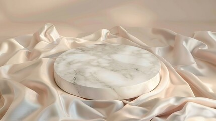 Aufkleber - Top view of luxury marble podium stage on soft silk background Beauty and fashion product platform stand from above Premium brand mockup template Smooth minimal pastel neutral aestheti : Generative AI