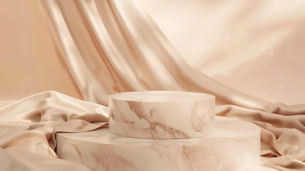 Aufkleber - Luxury marble product podium for beauty and fashion product with silk fabric on beige background Premium brand showcase mockup template Studio stage scene display Soft and neutral past : Generative AI