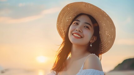 Wall Mural - Summer beach travel vacation concept Happy traveler asian woman with white dress relax on beach in evening at Thailand Vintage style : Generative AI