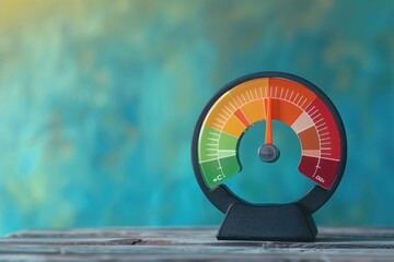 Poster - closeup of a circular multicolored gauge with a needle, set on a vibrant bluegreen backdrop
