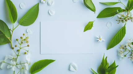 Aufkleber - Creative layout made of flowers and  green leaves with white paper card note Flat lay Nature concept background : Generative AI