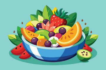 Wall Mural - A bowl filled with a diverse assortment of colorful fruits, including apples, bananas, oranges, and berries, Fruit salad Customizable Cartoon Illustration