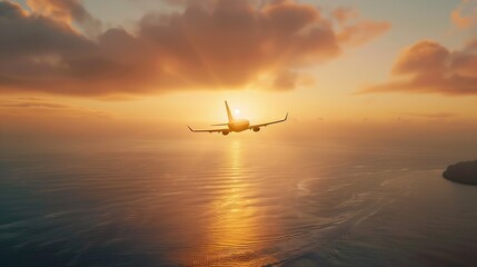 Poster - Airplane flying above tropical sea at sunset : Generative AI