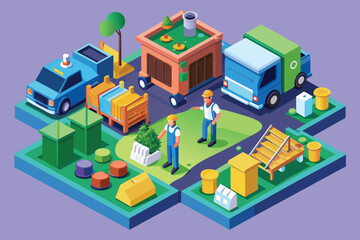Poster - A couple of people standing in front of a truck in an industrial setting, Garbage management Customizable Isometric Illustration