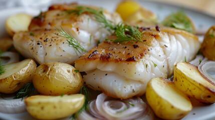 Wall Mural - Close-up of delicious grilled scallops served with roasted potatoes, garnished with fresh dill and red onion slices