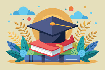 Poster - A graduation cap rests on top of a stack of books, Graduation Customizable Semi Flat Illustration