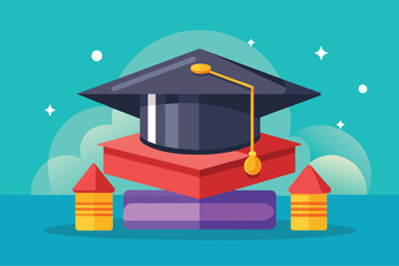 Poster - A graduation cap placed on top of a stack of books, symbolizing academic achievement and success, Thesis Customizable Flat Illustration