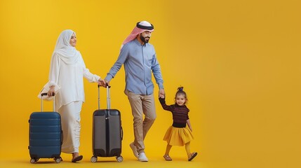 Happy cheerful middle eastern family of three with suitcases going on summer vacation together joyful arab parents and their little daughter walking with luggage on yellow studio backg : Generative AI