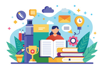 Poster - Woman engrossed in reading a book amidst various school supplies like notebooks, pencils, and rulers, Grammar correction Customizable Flat Illustration