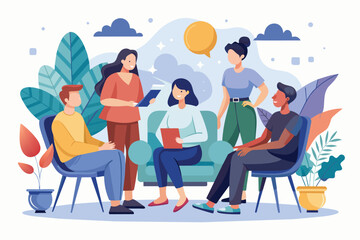 Wall Mural - A diverse group of individuals gathered around a couch engaged in a group therapy session, Group therapy Customizable Semi Flat Illustration